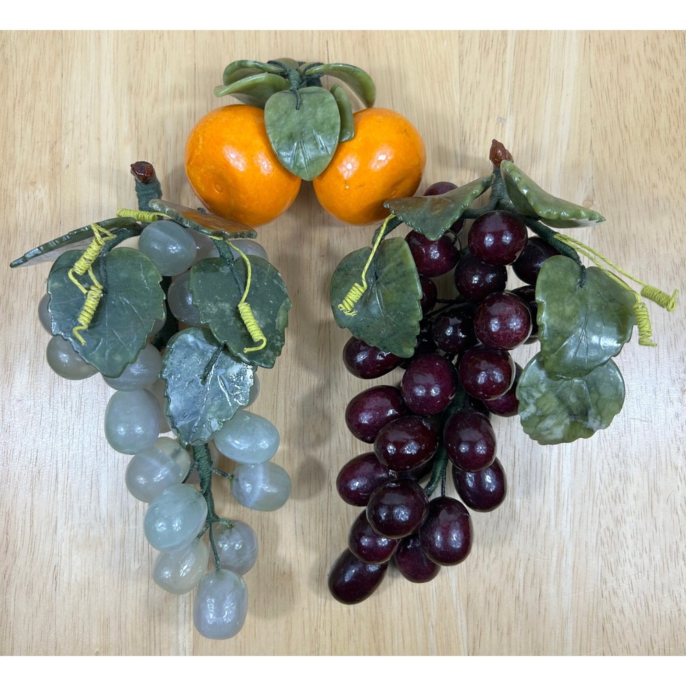 VTG Chinese Carved Jade Stone Fruit Grapes Oranges Decor Set MCM Chinoiserie 60s